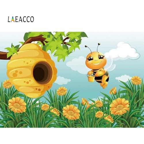 Laeacco Baby Shower Photocall Sky Clouds Tree Honeycomb Bee Flowers Grass Photography Backdrops Birthday Photo Backgrounds Props