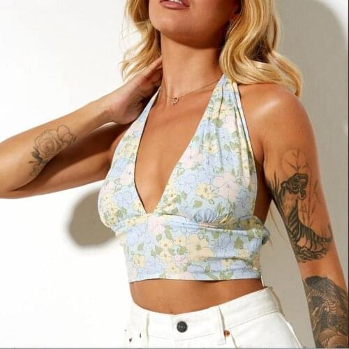 Summer Sexy Backless Crop Top Chic Women Fashion Print Sleeveless Deep V-neck Halter Bandage Cami Top Clubwear Beach Clothes