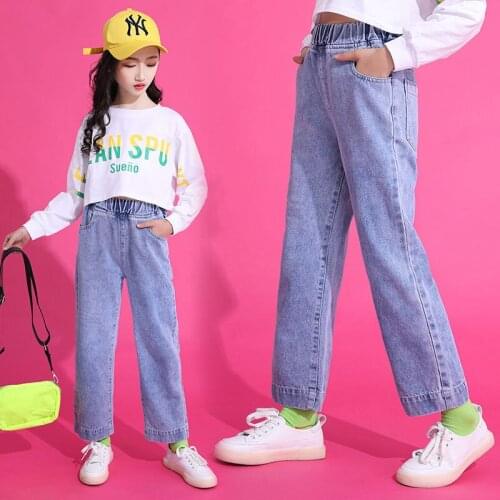New 2020 Spring Autumn Childrens Jeans Fashion Casual Jeans For Girls Solid Kids Denim Pants Girls Elastic Waist Trousers W482