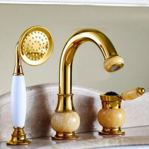 New arrival brass gold and jade 3 pcs Deck-Mounted bathroom bathtub faucet set with shower head Tub Filler Faucet Mixer Taps