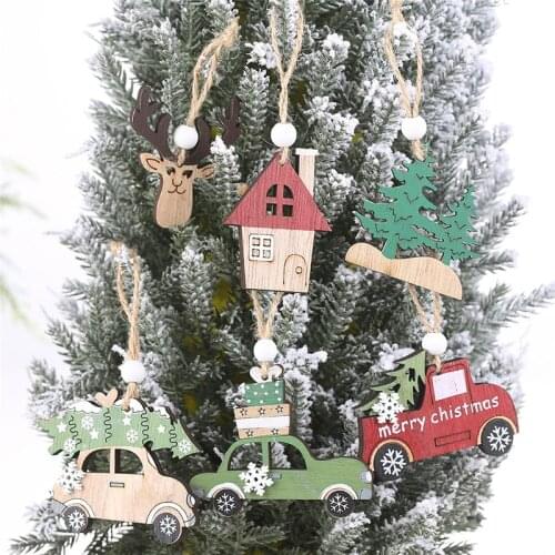 3PCS Christmas Wooden House/Car/Elk Christmas Tree Pendants Christmas Wood Crafts Ornaments New year Kids Gift Home Decorations