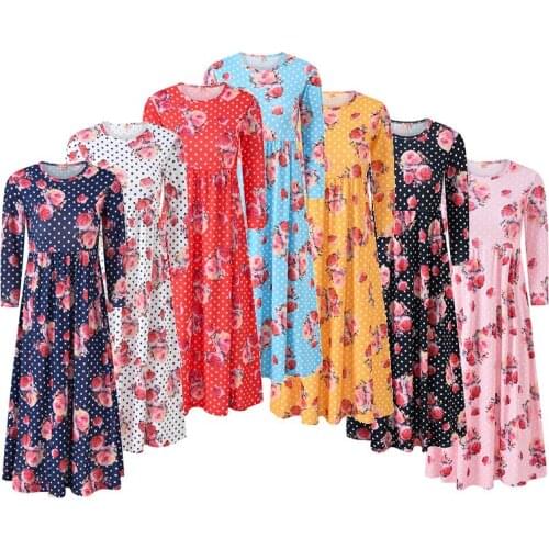 Girls Floral Maxi Summer Long Sleeves Beach Dress Children Bohemian Flower Printed Party Gown Kids Princess Wedding Party Gowns