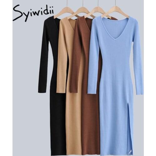 Syiwidii Knit Bodycon Dress Women Autumn Winter 2021 New Chic Elastic Long Sleeve V Neck Side Split Sexy Party Midi Dresses