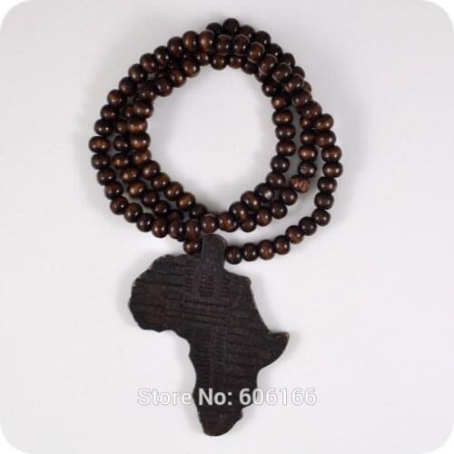 Deep Brown Africa Map Pendant Wooden Beads Necklace Hip Hop Fashion Jewelry