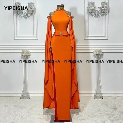 Yipeisha Halter Mermaid Prom Gown with Rhinestones Floor Length Orange Party Dress with Sleeve Evening Dresses Vestido de Festa