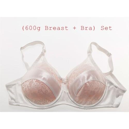 High Quality B Cup 600g/pair Classic Triangle Crossdresser Silicone Breast Form + Sexy Lace and Satin Pocket Crossdresser Bra