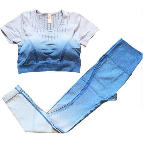 2 Piece Set Women Ombre Color Yoga Set Gym Sportswear Sport Yoga Bra Fitness Pants Ombre Leggings Short Sleeve Shirt Active Wear