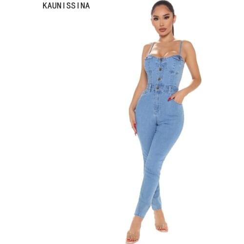 Sexy Bodycon Denim Jumpsuits Sleeveless Jeans Bodysuit Women Denim Overalls Rompers Long Pants Female Vintage Summer Playsuit