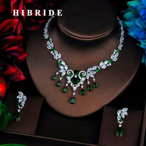 HIBRIDE Classic Flower Pendents Green Cubic Zircon Women Dubai Bridal Jewelry Sets Wedding Necklace Accessories Bijoux N-527