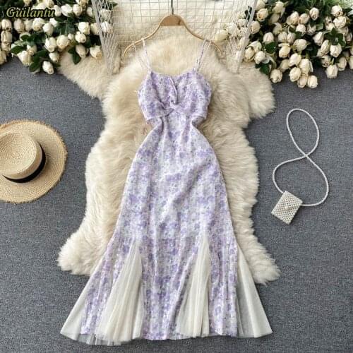 Guilantu Elegant Sexy Club Evening Party Robe Longue Dresses Women Summer Print Floral Patchwork Vestidos Spaghetti Strap Dress