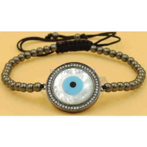 21x21x3mm Micro Pave Clear CZ Crystal Round Shell Eye Connector With 4mm Round Loose Beads Braiding Macrame Adjustable Bracelet