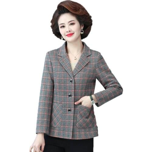 Middle-aged elderly Womens Jacket Coat Autumn Short Coat Mother lattice Jackets Female Casual Basic Outerwear Ladies Overcoat