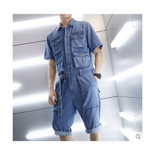 Summer fashion short-sleeved tooling jumpsuit mens personality denim shorts mens loose casual jumpsuit