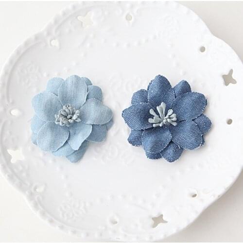Newborn Fashion Felt Jeans Fabric Flower with stamen For Hair Accessories Wedding Bridal Bouquets Decoration