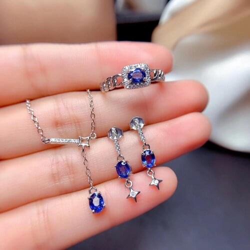 Natural Real Sapphire Set Natural And Real Sapphire Jewelry set 925 sterling silver 1pc Ring,1pc Pendant,2pcs Earring