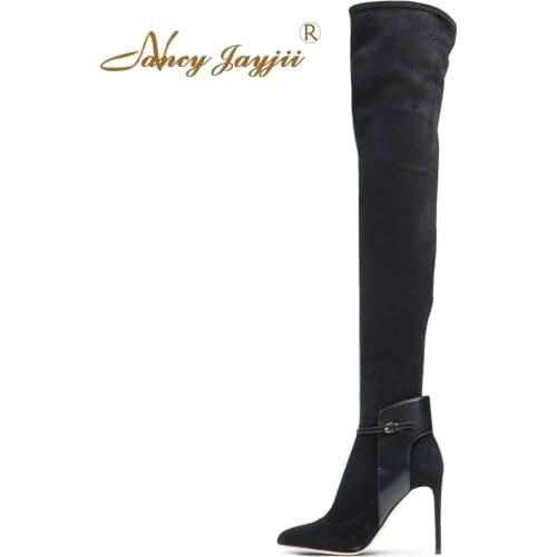 Nancy Women Black Suede Over the Knee Zip Winter Point Toe High Heels Boots Shoes Woman, botas botines zapatos mujer size 4-16
