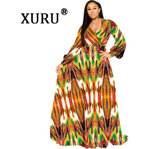 XURU autumn new chiffon long dress large size loose dress boho style womens printed dress S-3XL-5XL