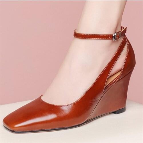 Sexy Mary Janes Womens Genuine Leather Pumps Square Toe Wedge Heel Slip On Wedding Party Shoes 34-42