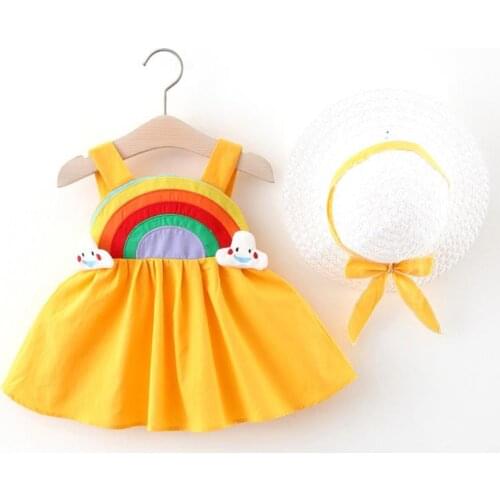 Baby Girl Dress 2021 Summer New Childrens Clothing Girls Dress Baby Girl rainbow camisole Straw Hat Princess Dress 0-3Y