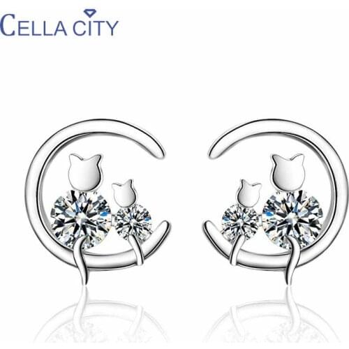 Cellacity Delicate Silver 925 Jewelry Stud Earrings for Women Round Gemstones Female Ear Studs for Dating Lovely Design Cat Moon
