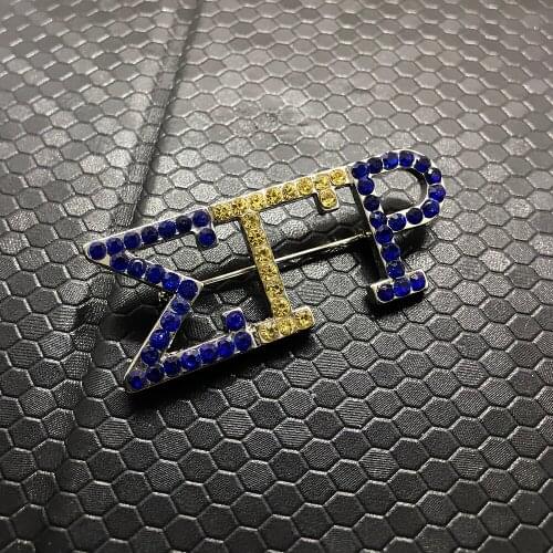Blue rhinestone inlaid Greek letter SGR metal brooch student sorority SIGMA GAMMA RHO logo jewelry brooch