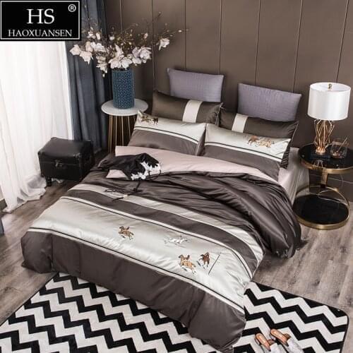 Modern Business Bedding Sets Embroidery Duvet Cover Bed linens Cotton Bedsheet/Fitted Sheet Pillowcases Horse Racing Design