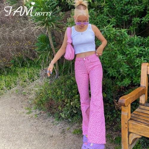 Pink Leopard Print Y2K Flared Jeans Women Harajuku Cute High Waist Baggy Denim Aesthetic Pants Korean Long Trousers 90s Iamhotty