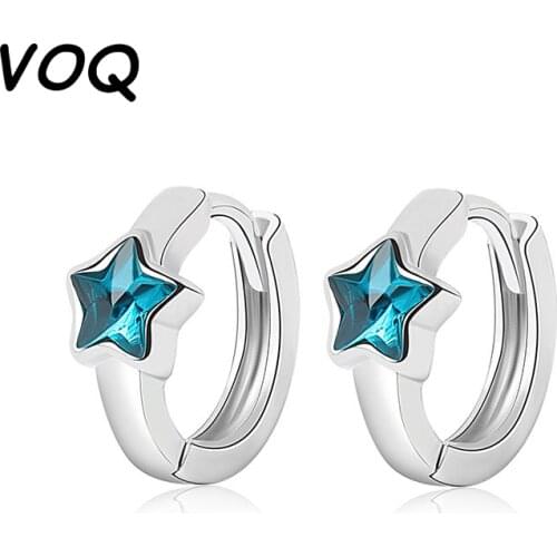 VOQ 925 Sterling Silver Fantastic Blue Crystal Star Hoop Earrings Small Cute Earrings for Women Jewelry Gifts