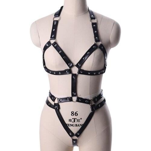 Goth Sexy Ladies Leather Harness Straps Underwear Set Body Bondage Cage Suspenders Stockings Garter Belts Women Bra Corset