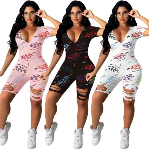 1L227 Summer Women Casual Fashion Letter Print Sexy Skinny Hole V-neck Jumpsuit Playsuit Rompers Plus Size Hot 2021