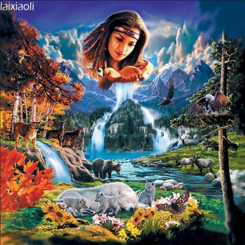 5D DIY Diamond Painting Indian woman waterfall Full Square/Round Drill animals bear/wlof/eagle 3D Embroidery Cross Stitch decor