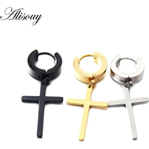 Alisouy 1 Pair New Rock Unisex Women Male Prayer Black Original 316 Stainless Steel Huggie hoop Cross Charm Drop earrings