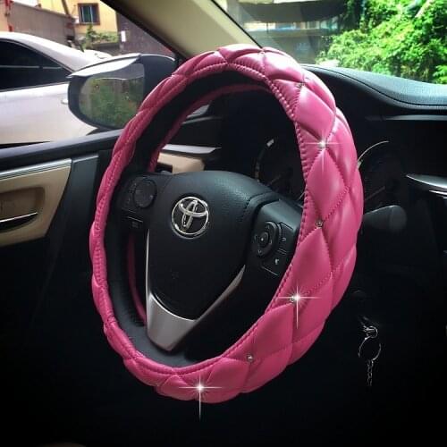 AuMoHall Car Steering Wheel Cover for Girls Crystal Diameter Black/Pink PU Leather Bling Shinny 38cm 15"