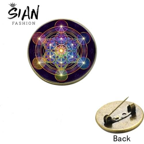 SIAN Classic Metatron Cube Symbol Brooch Sacred Geometry Energy Structure of The Universe Art Image Glass Dome Lapel Pins Badges
