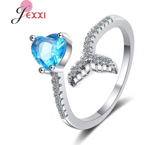 100% 925 Sterling Silver Adjustable Love Heart Blue CZ Crystal Fish Tail Finger Rings For Women Silver Jewelry Free Size