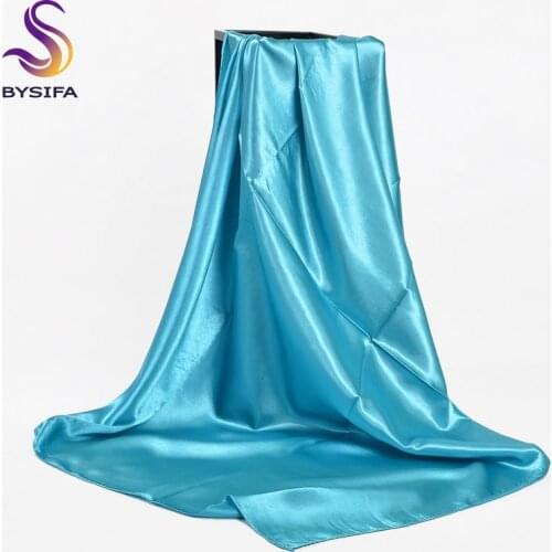 [BYSIFA] Fluorescent Green Women Square Scarves Wraps Autumn Winter Luxury Large Satin Silk Scarf Muslim Head Scarf 110*110cm