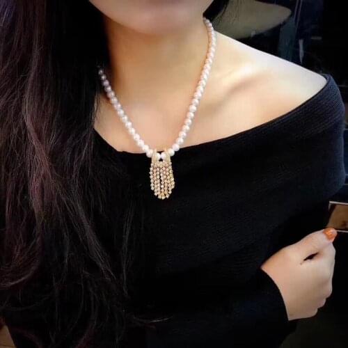 D1219 Almost Round7-8mm Fresh Water White Pearls Necklace Sweater Chains For Women Fine Birthday Presents