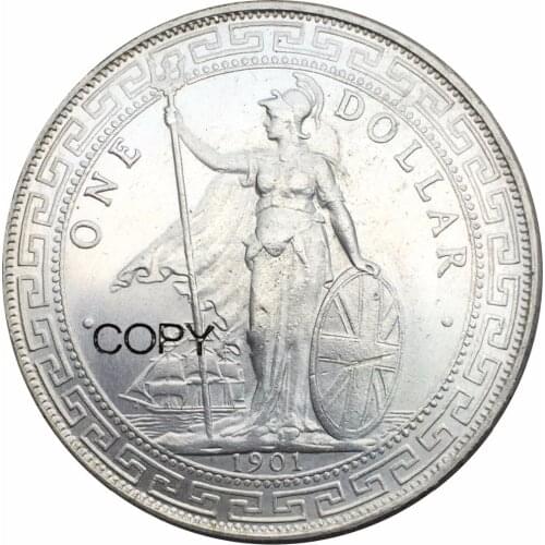 British 1901 Yi Yuan Trade One Dollar TRADE COINAGE Brass Silver Plated Copy Coins