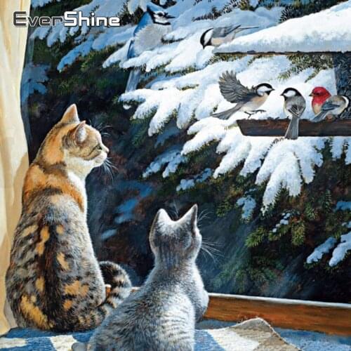 Evershine Diamond Painting Cat Cross Stitch Mosaic Diamond Embroidery Winter Scenery Full Square Rhinestone Paintings Needlework