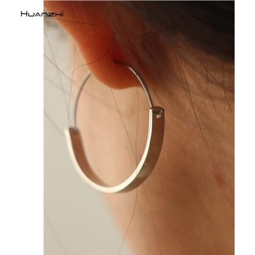 HUANZHI 2021 Gold Silver Color Metal Large Circle Geometric Round Big Hoop Earrings for Women Girl Wedding Party Jewelry