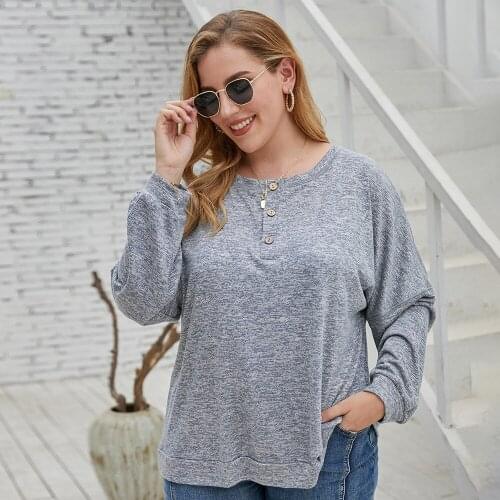 New Womens Plus Size Autumn Simple T-shirt Casual Loose T-shirt Fashion Simple Solid Color Long-sleeved Buttons Qn