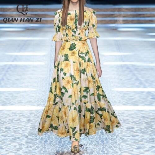 Qian Han Zi Slash neck short-sleeved elastic waist top, long large hem skirt, fashion printed suit set female 2021 summer new