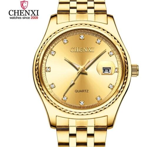 Luxury CHENXI Golden Men Watches Fashion Nail Rhinestone Wristwatch Classic Gold Strap Retro Man&Women Business Dress Clock Gift