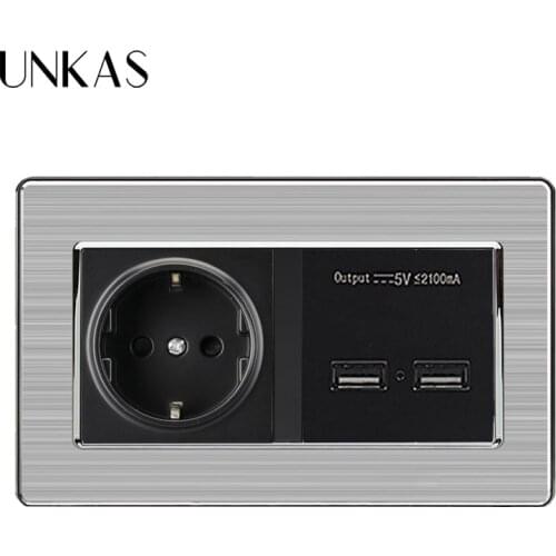 UNKAS Socket 5V 2.1A Stainless Steel Panel EU Standard Power Outlet With Dual USB Smart Induction Charge Port For Mobile