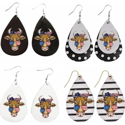 Cow Skull With America Flag Faux Leather Earrings Layers Earrings