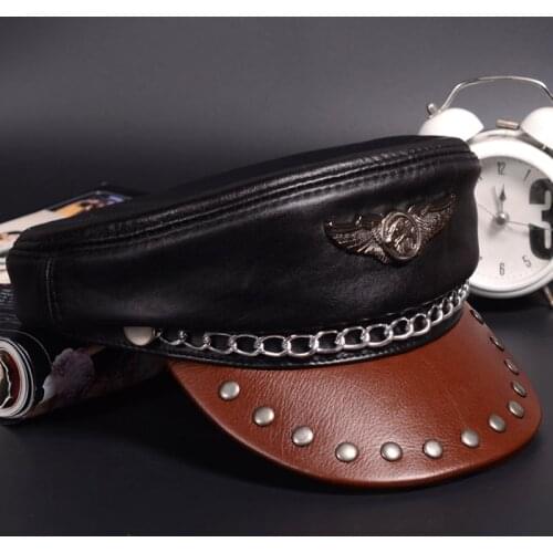 Unisex Real Leather Black/Brown Eagle Emblem Casquette Leisure Navy Cap Locomotive Punk Flat Cowhide Hats For Men Women