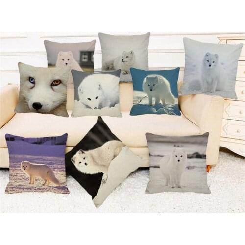 XUNYU Cute Animal Cushion Cover Beautiful White Fox Throw Pillow Case Linen Cushion Cover Sofa Bed Decorative Pillowcase C0039