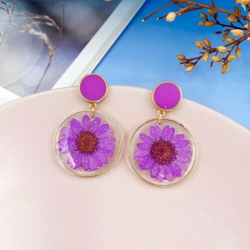 Minar Transparent Resin Real Dye Sunflower Drop Earrings for Women Girls Summer Cute Flowers Round Hanging Earring Party Jewelry