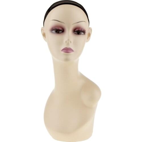 18'' Tall Female Fleshtone Head with Net Cap, Realistic Make-Up & False Eyelashes, Wigs Sunglsses Hat Display Stand