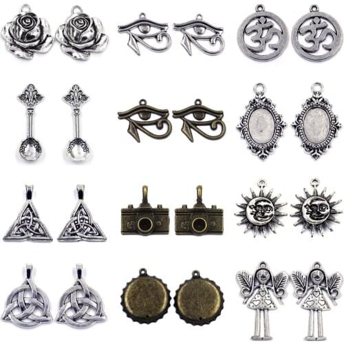 5Pcs Pendants Rose Eye Spoon Sun Camera Cap Angle Knot Zinc Metal For Charm Bracelets Jewelry DIY Making Accessories